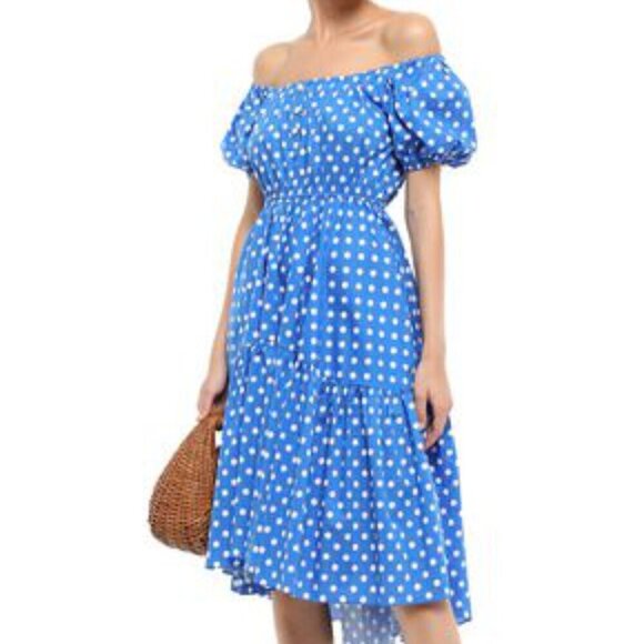New Caroline Constas Bardot Flounce Polka Dot Blue/White Midi Dress NWT Small - Picture 5 of 15